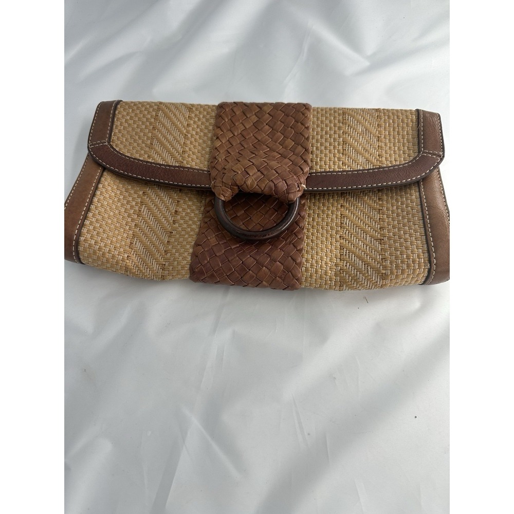 Cole Haan Woven Leather Straw Clutch Bag Purse Teal Lined Summer Classic Boho
